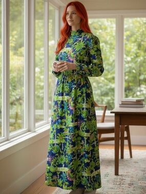 Women's 70s Psychedelic DayGlo Green Floral Maxi Dress